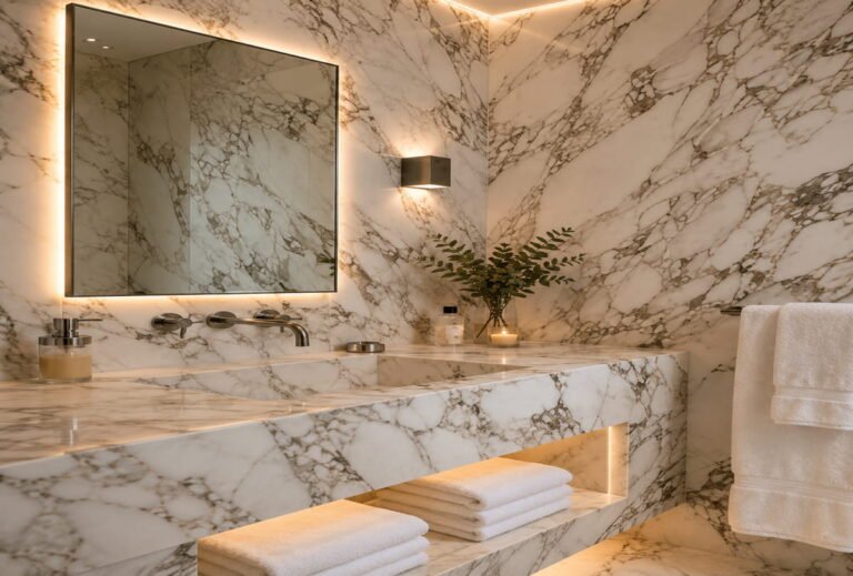 Encimera de baño en mármol blanco con vetas grises, superficie limpia y luminosa