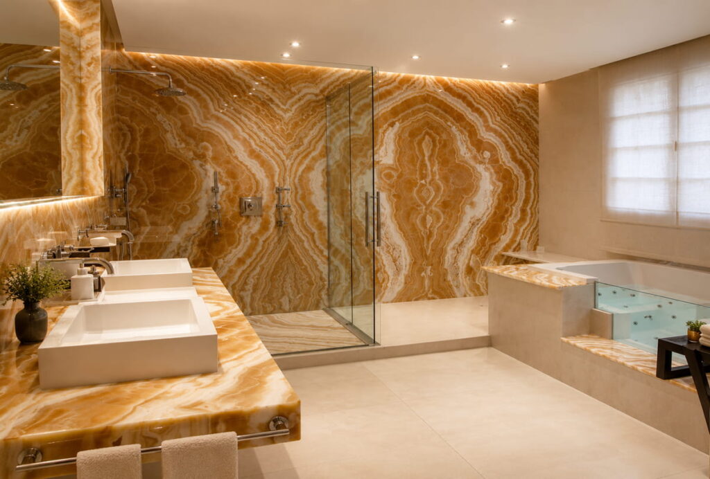 Baño de lujo en ónice miel · Ónice, Murcia — Kelia Natural Design