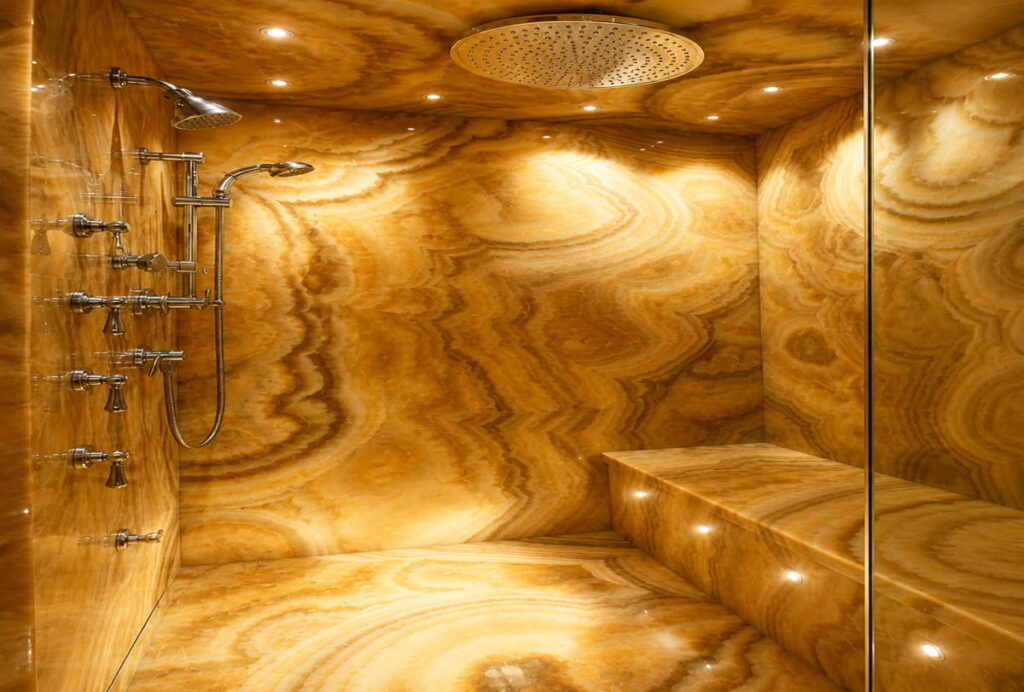 Ducha de diseño revestida en ónice dorado · Ónice, Murcia — Kelia Natural Design
