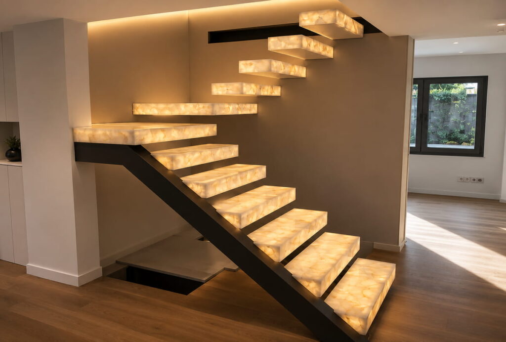 Escalera volada retroiluminada en Cristallo · Ónice, Murcia — Kelia Natural Design