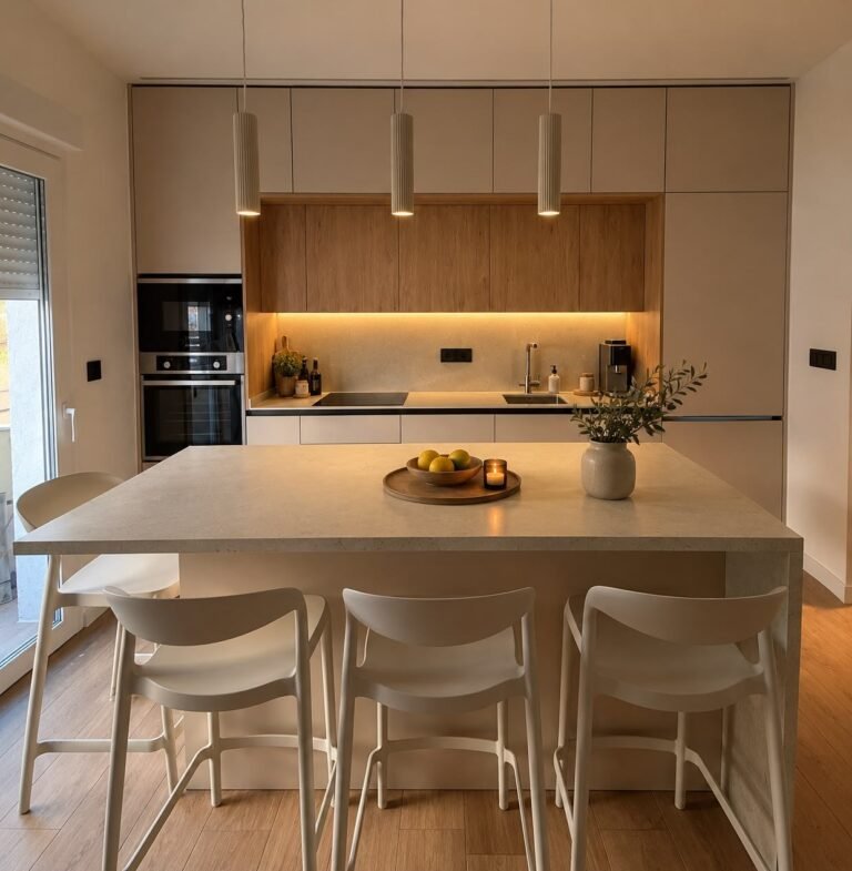 Cocina con isla y encimera en porcelánico Onix White